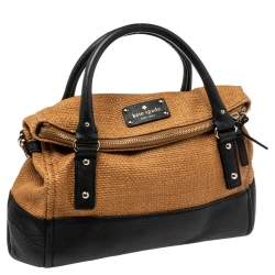 Pre Owned Kate Spade Black/Brown Woven Raffia and Leather Leslie Foldover Satchel 