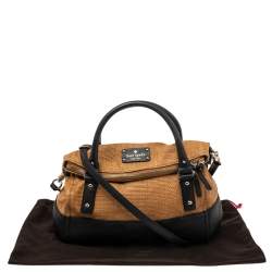 Pre Owned Kate Spade Black/Brown Woven Raffia and Leather Leslie Foldover Satchel 