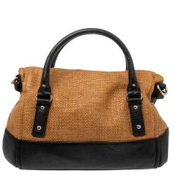 Pre Owned Kate Spade Black/Brown Woven Raffia and Leather Leslie Foldover Satchel 