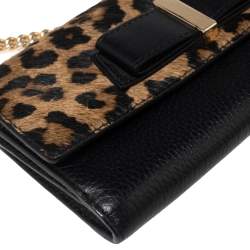 Pre Owned Kate Spade Black/Brown Leopard Print Calfhair and Leather Parchment Milou Chain Clutch