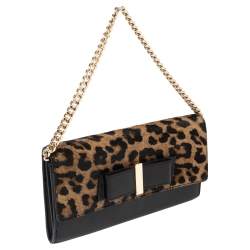 Pre Owned Kate Spade Black/Brown Leopard Print Calfhair and Leather Parchment Milou Chain Clutch