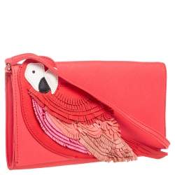 Pre Owned Kate Spade Coral Leather New York Flights of Fancy Parrot Shoulder Bag