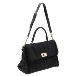 Pre Owned Kate Spade Black Tweed and Leather Turnlock Top Handle Bag