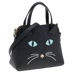 Pre Owned Kate Spade Black Leather Cat's Meow Cat Lottie Satchel
