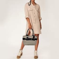 Pre Owned Kate Spade Black/Beige Striped Canvas and Patent Leather Bow Tote