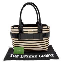 Pre Owned Kate Spade Black/Beige Striped Canvas and Patent Leather Bow Tote