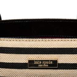 Pre Owned Kate Spade Black/Beige Striped Canvas and Patent Leather Bow Tote