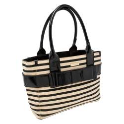 Pre Owned Kate Spade Black/Beige Striped Canvas and Patent Leather Bow Tote