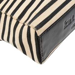 Pre Owned Kate Spade Black/Beige Striped Canvas and Patent Leather Bow Tote