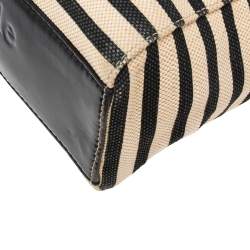 Pre Owned Kate Spade Black/Beige Striped Canvas and Patent Leather Bow Tote