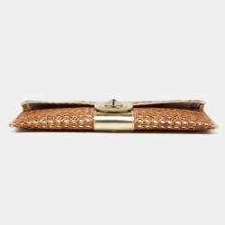 Pre Owned Kate Spade Gold/Brown Woven Rattan and Leather Turnlock Flap Long Clutch