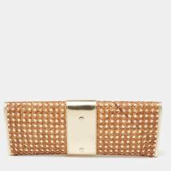 Pre Owned Kate Spade Gold/Brown Woven Rattan and Leather Turnlock Flap Long Clutch