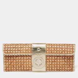 Pre Owned Kate Spade Gold/Brown Woven Rattan and Leather Turnlock Flap Long Clutch