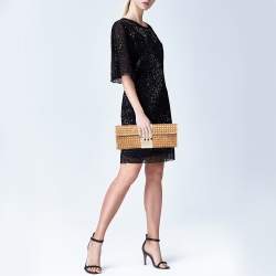 Pre Owned Kate Spade Gold/Brown Woven Rattan and Leather Turnlock Flap Long Clutch
