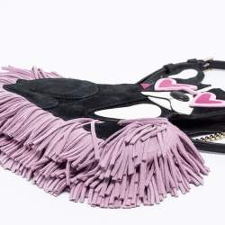 Pre Owned Kate Spade Black/Lilac Suede and Leather Fringe Puppy Chain Bag