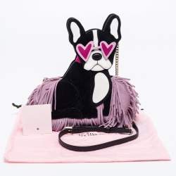 Pre Owned Kate Spade Black/Lilac Suede and Leather Fringe Puppy Chain Bag
