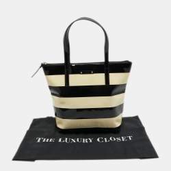 Pre Owned Kate Spade Cream/Black Stripe Patent Leather Tote