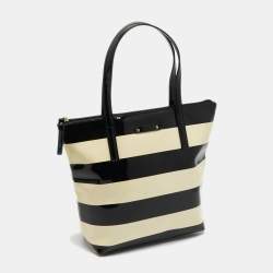 Pre Owned Kate Spade Cream/Black Stripe Patent Leather Tote