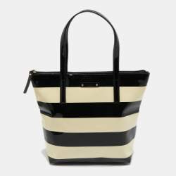 Pre Owned Kate Spade Cream/Black Stripe Patent Leather Tote