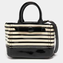 Kate Spade Black/Off White Striped Patent Leather Bow Tote