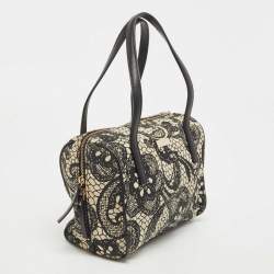 Pre Owned Kate Spade Black/White Lace Print Canvas and Leather Satchel