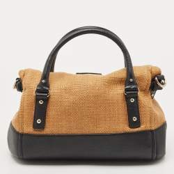 Pre Owned Kate Spade Black/Brown Woven Raffia and Leather Leslie Foldover Tote
