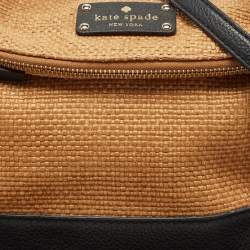Pre Owned Kate Spade Black/Brown Woven Raffia and Leather Leslie Foldover Tote