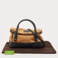 Pre Owned Kate Spade Black/Brown Woven Raffia and Leather Leslie Foldover Tote