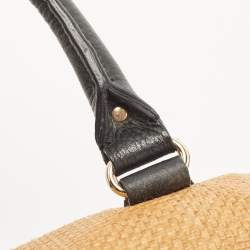 Pre Owned Kate Spade Black/Brown Woven Raffia and Leather Leslie Foldover Tote