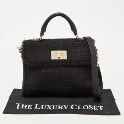 Kate Spade Black Tweed and Leather Turnlock Top Handle Bag