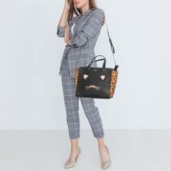 Pre Owned Kate Spade Black/Beige Leopard Calfhair and Leather Run Wild Hayden Tote