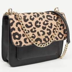 Kate Spade Black/Beige Leopard Print Leather Remi Flap Chain Crossbody Bag