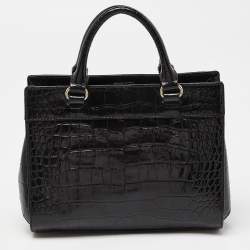 Pre Owned Kate Spade Black Croc Embossed Leather Tote