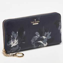 Pre Owned Kate Spade Blue FLoral Print Leather Zip Around Wallet