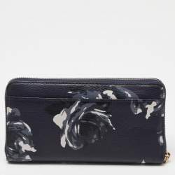 Pre Owned Kate Spade Blue FLoral Print Leather Zip Around Wallet