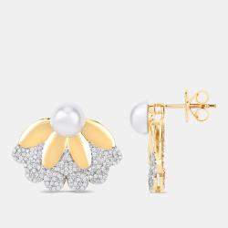 مملوكة مسبقًا أقراط بتصميم زهرة بتلات بوزن 4.00 قيراط من اللؤلؤ والألماس بالذهب الأصفر عيار 14