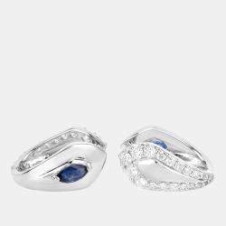 Pre Owned 0.72 cts Blue Sapphire and Diamond 14K White Gold Huggie Earrings