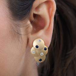 Pre Owned 1.00 cts Blue Sapphire and Diamond 14K Yellow Gold Layered Disc Studs