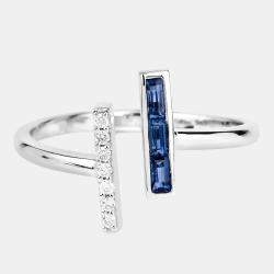 Pre Owned 0.25 cts Blue Sapphire and Diamond 14K White Gold Bypass Bar Ring US Size 7