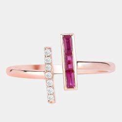 Pre Owned 0.15 cts Ruby and Diamond 14K Rose Gold Bypass Bar Ring US Size 6.50