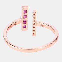 Pre Owned 0.15 cts Ruby and Diamond 14K Rose Gold Bypass Bar Ring US Size 6.50