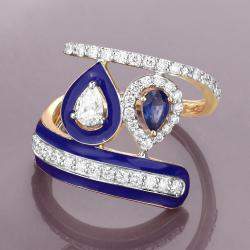 Pre Owned خاتم ببايباس من ياقوت أزرق وماس وزن 0.29 قيراط من الذهب الأصفر عيار 14 بحجم 7 US