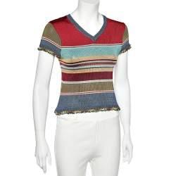 Kenzo Jeans Multicolor Striped Knit Sequin Detail T-Shirt L