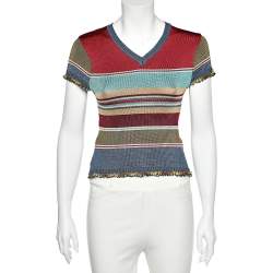 Kenzo Jeans Multicolor Striped Knit Sequin Detail T-Shirt L
