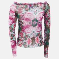 Pre Owned Kenzo Jeans Pink Floral Print Knit Ruffled Neck Top XL