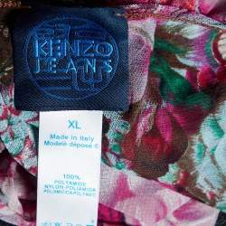 Pre Owned Kenzo Jeans Pink Floral Print Knit Ruffled Neck Top XL