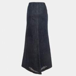 Pre Owned Kenzo Jeans Navy Blue Studded Denim Flared Maxi Skirt S