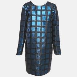 Kenzo Metallic Blue/Black Square Jacquard V-Neck Shift Dress L