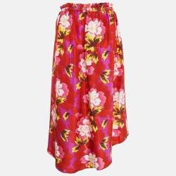 Kenzo Red Floral Print Silk High-Low Midi Skirt M
