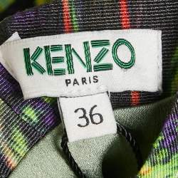 Kenzo Green Abstract Crepe Cut-Out Neck Detail Mini Dress S